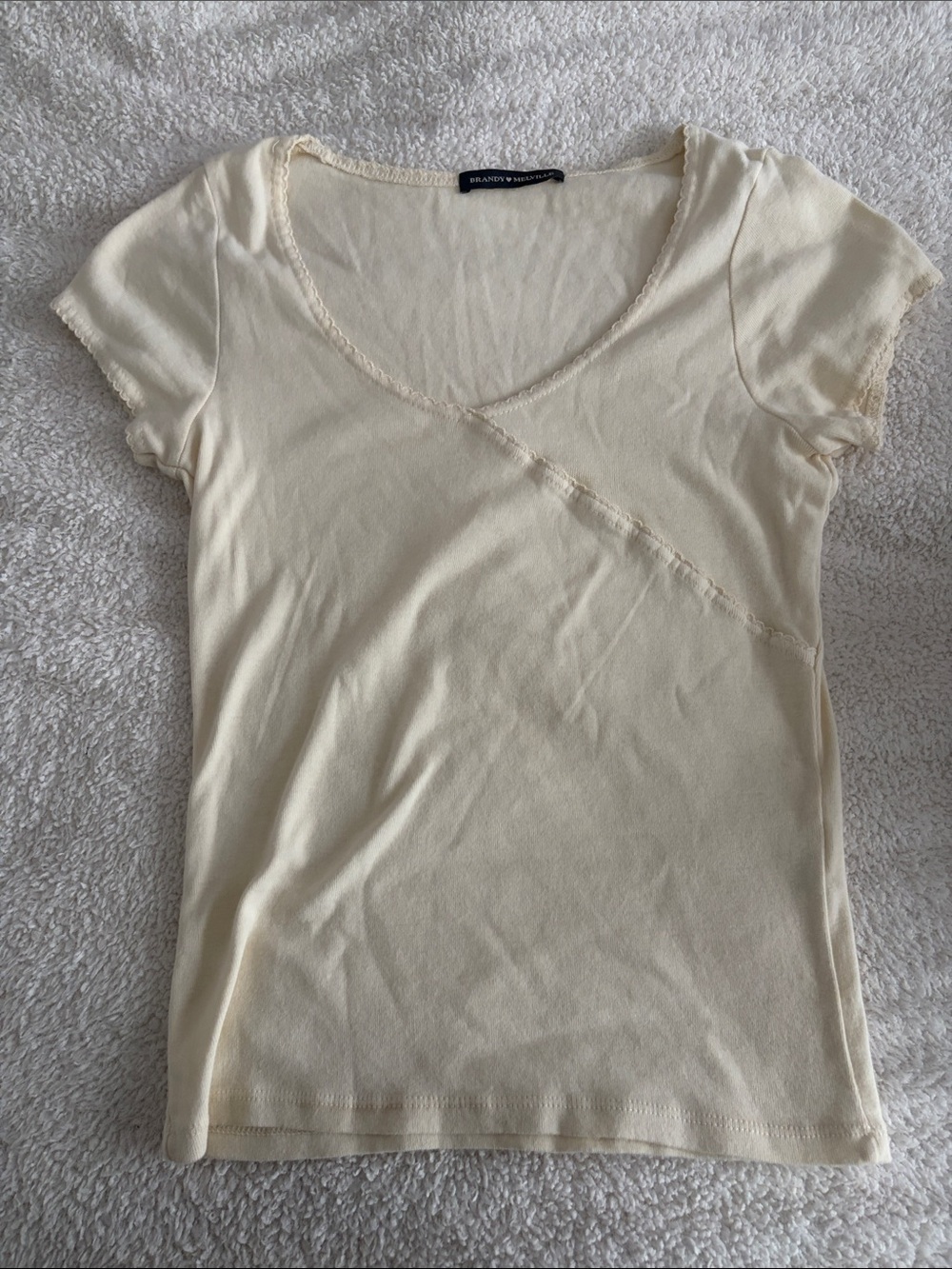 Brandy Melville Cream Short Sleeve Scoop Neck Tee with Raw-Edge Detail